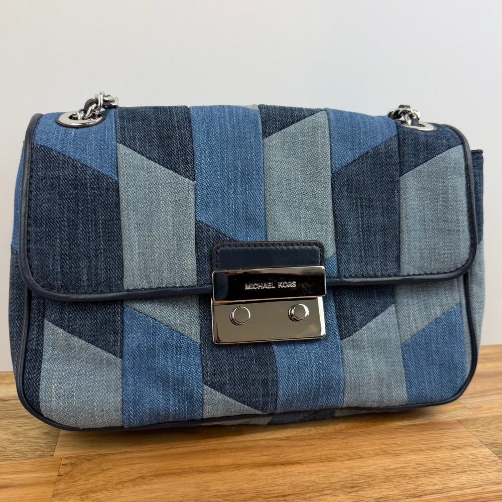 Michael Kors Sloan Denim Patchwork Shoulder Bag Blue Silver Chain Crossbody